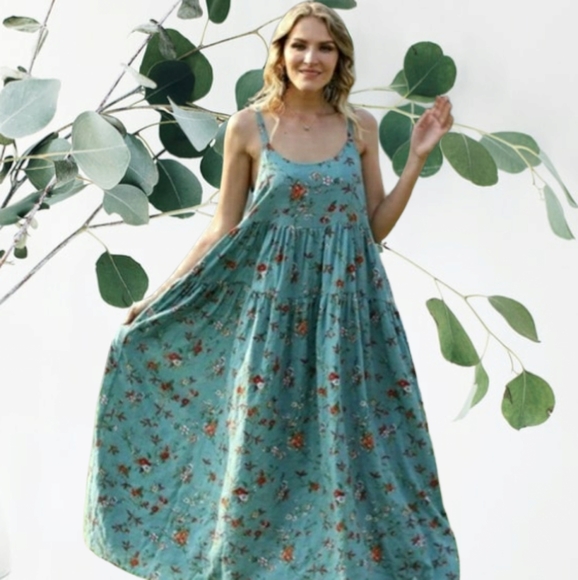 YesNO Dresses & Skirts - Women Casual Loose Bohemian Floral Print Dresses Spaghetti Strap Long Summer Bea